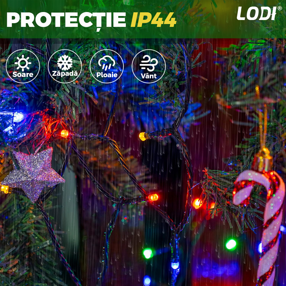 Instalatie de Craciun Liniara Lodi1456, 15 m, 8 jocuri de lumini, alimentare la priza, interior/exterior, rezistenta la apa, 200 LED-uri, multicolor