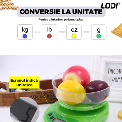 Cantar Electronic de Bucatarie Lodi646, bol inclus, capacitate maxima 5 kg, acuratete 1 g, afisaj digital, resetare la pornire, 3 unitati de masura, functionare cu baterii 2 x AA, alb