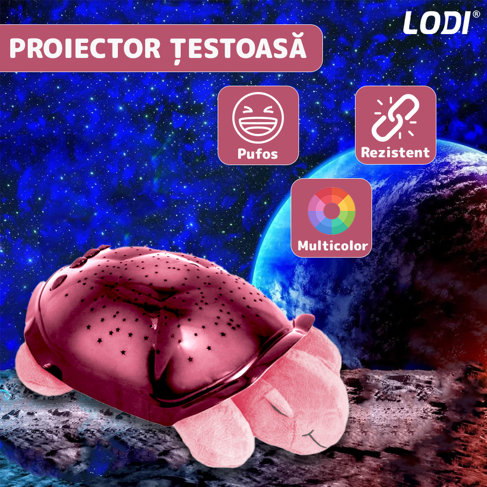 Lampa de Veghe Testoasa Lodi1423, proiector de lumini, 8 constelatii, lumina RBG, 2 cantece de adormit copiii, pufoasa si moale, mod inchidere automata, roz