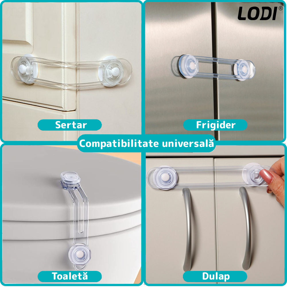 Set 7 x Siguranta Usi Copii Lodi1056, sistem de blocare usi/sertare/duapuri, ajustabile pe lungime, adeziv puternic, anti-deschidere accidentala, transparent