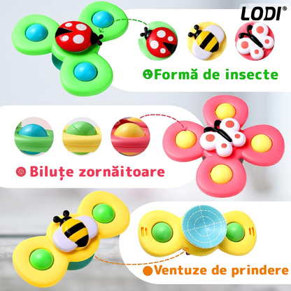 Set 3 Jucarii Interactive Fidget Spinner  Lodi2, forma insecte, bile zornaitoare, margini rotunde, ventuza de prindere, 1-3 ani, multicolor