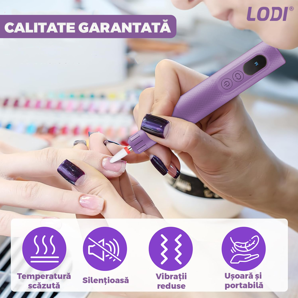Pila Electrica Profesionala pentru Unghii Lodi1136, freză wireless, 18000 RPM, ecran LED, manichiura-pedichiura, 12 capete pentru pila, 36 benzi de slefurie, portabila, mov