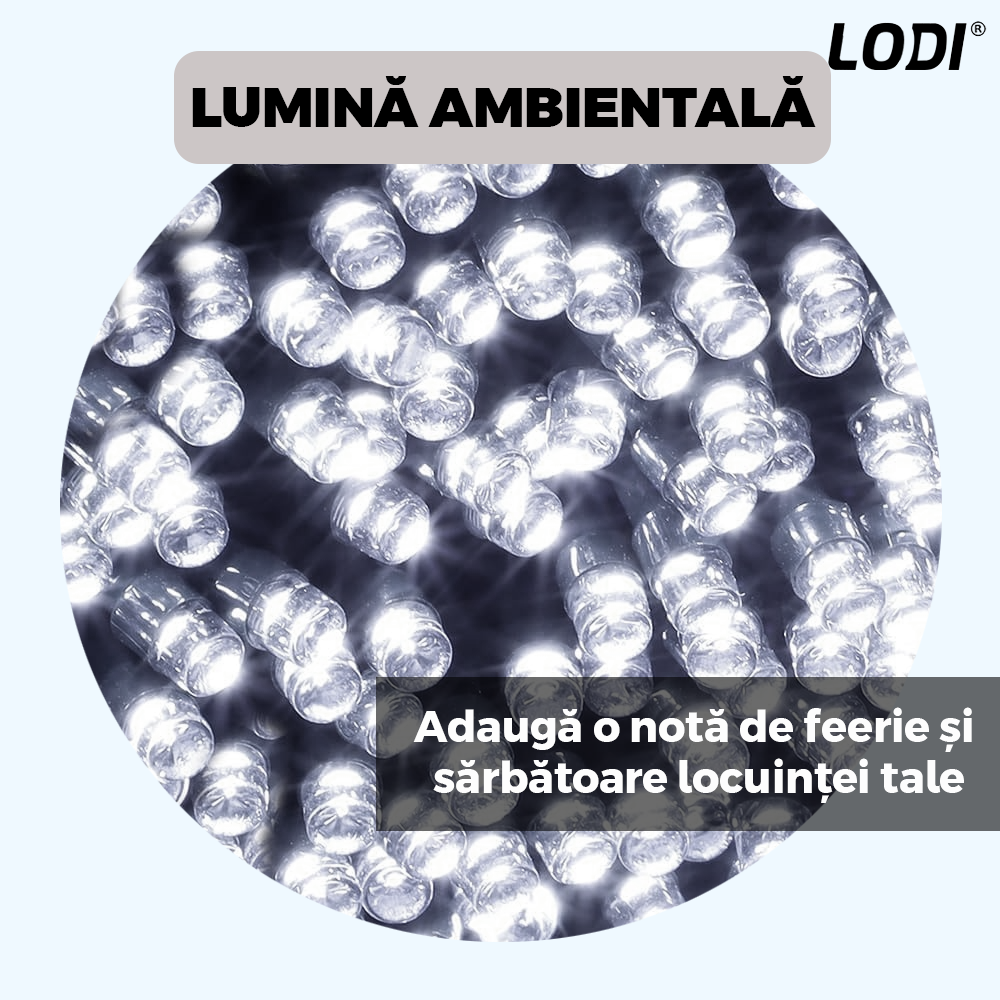 Instalatie de Craciun Liniara cu Panou Solar Lodi1459, 10 m, 8 jocuri de lumini, alimentare la priza, fir verde, interior/exterior, rezistenta la apa, 100 LED-uri, alb rece