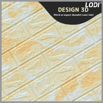 Set Tapet Caramida 3D Lodi77, Model Piatra Naturala, suprafata acoperire 5.3 mp, autoadeziv, waterproof, usor de montat, design modern, 70x77 cm, galben
