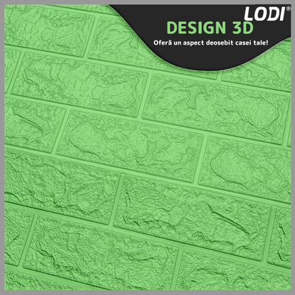 Set Tapet Mic Caramida 3D Lodi107,  suprafata acoperire 3.31 mp, autoadeziv, waterproof, usor de montat, design modern, 38.5x34 cm, verde