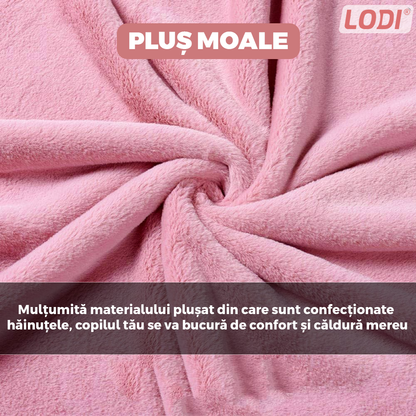 Compleu Copii din 3 Piese Lodi505, unisex, toamna-iarna, plus moale cu ursulet, bluza, pantaloni si vesta cu gluga pufoasa, 80 cm, roz