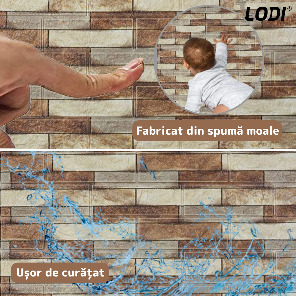 Set Tapet Caramida 3D Lodi239, Model Piatra Cubica, suprafata acoperire 5.3 mp, autoadeziv, waterproof, usor de montat, design modern, 70x77 cm, maro deschis