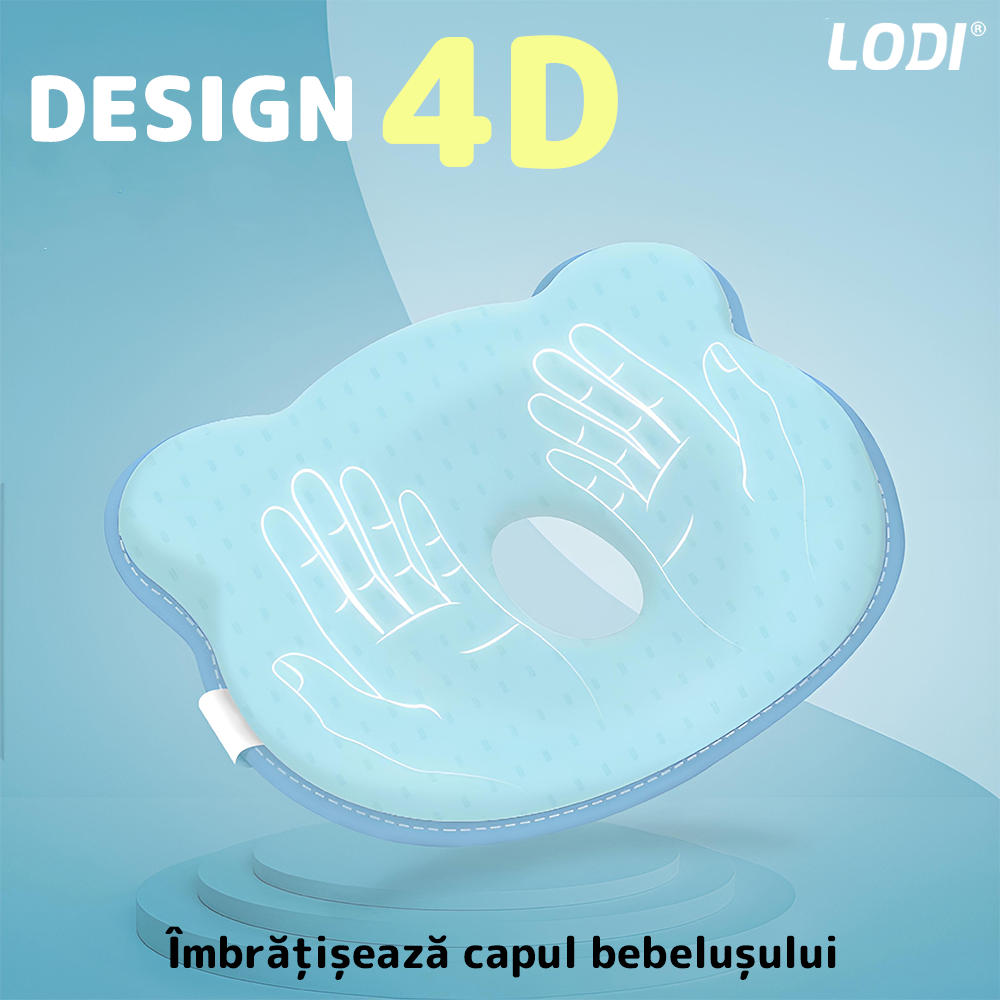 Perna pentru Bebelusi Lodi991, model ursulet, husa de protectie inclusa, spuma cu memorie, anti-plagiocefalie, pentru formarea capului, 26x22 cm, turcoaz