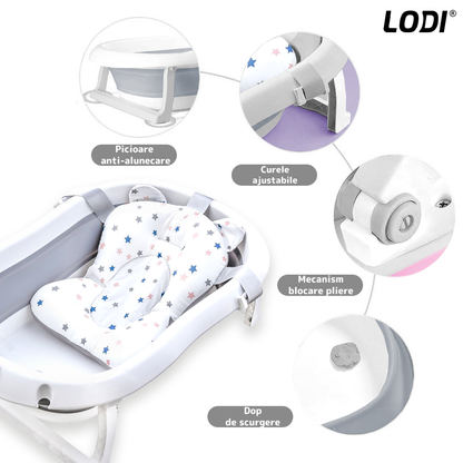 Cadita cu Pernuta pentru Bebelusi Lodi1313, casca de protectie inclusa, termometru digital incorporat, pliabila, dop de scurgere, picioare anti-alunecare, design ergonomic, 75 x 45 x 22 cm, gri cu stelute