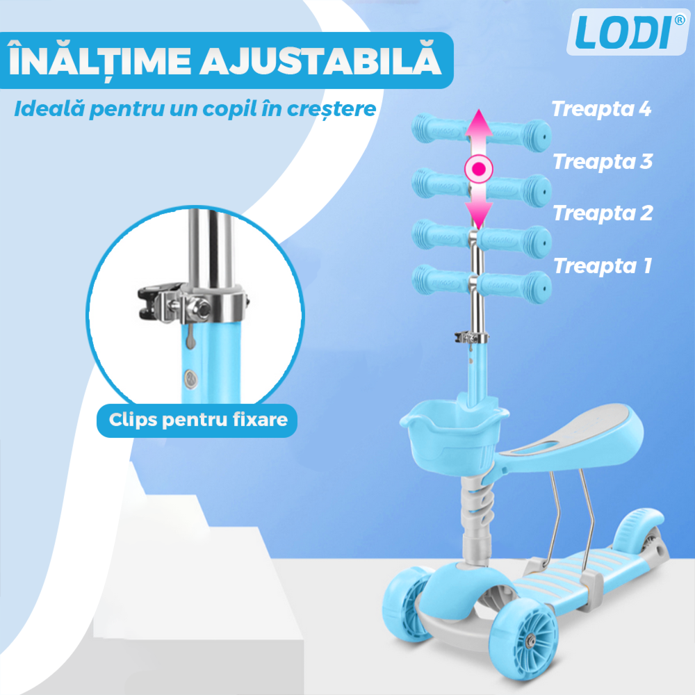 Trotineta pentru Copii 2 in 1 Lodi1112, scaunel incorporat, lumini,3 roti, cosulet frontal, anti-aluncare, inaltime ajustabila, stabila, frana, incorporata, 3-11 ani, albastru