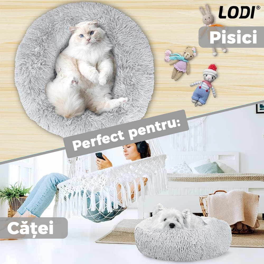 Pat Animale Lodi47, captusit, moale, pufos si calduros, pentru caini si pisici, diametru 60cm, baza anti-alunecare, gri