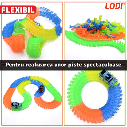Circuit Masinute Lodi517, 56 piese, pista iluminata configurabila, fosforescenta, masinuta cu lumini rosie, multicolor