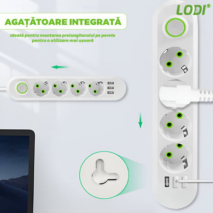 Prelungitor Lodi1278, 5 prize, 3 porturi USB, intrerupator, suport de agatare incorporat, rezistent la temperaturi inalte, universal, lungime 3 metri, alb