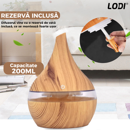 Difuzor Aromaterapie Lodi1462, forma conica, lumini ambientale, control tactil, capacitate 200ml, silentios, rezerva inclusa, alimentare USB, umidifica aerul, stejar deschis