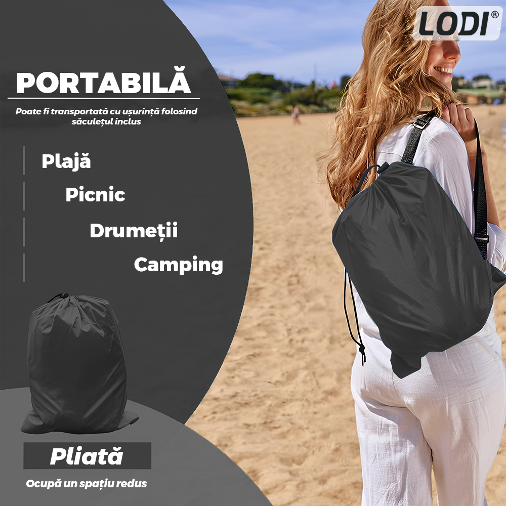 Saltea Gonflabila Tip Sezlong Lazybag Lodi1235, material rezistent, umflare fara pompa, pentru plaja/picnic/camping, rucsac de depozitare, 190 x 70 cm, negru