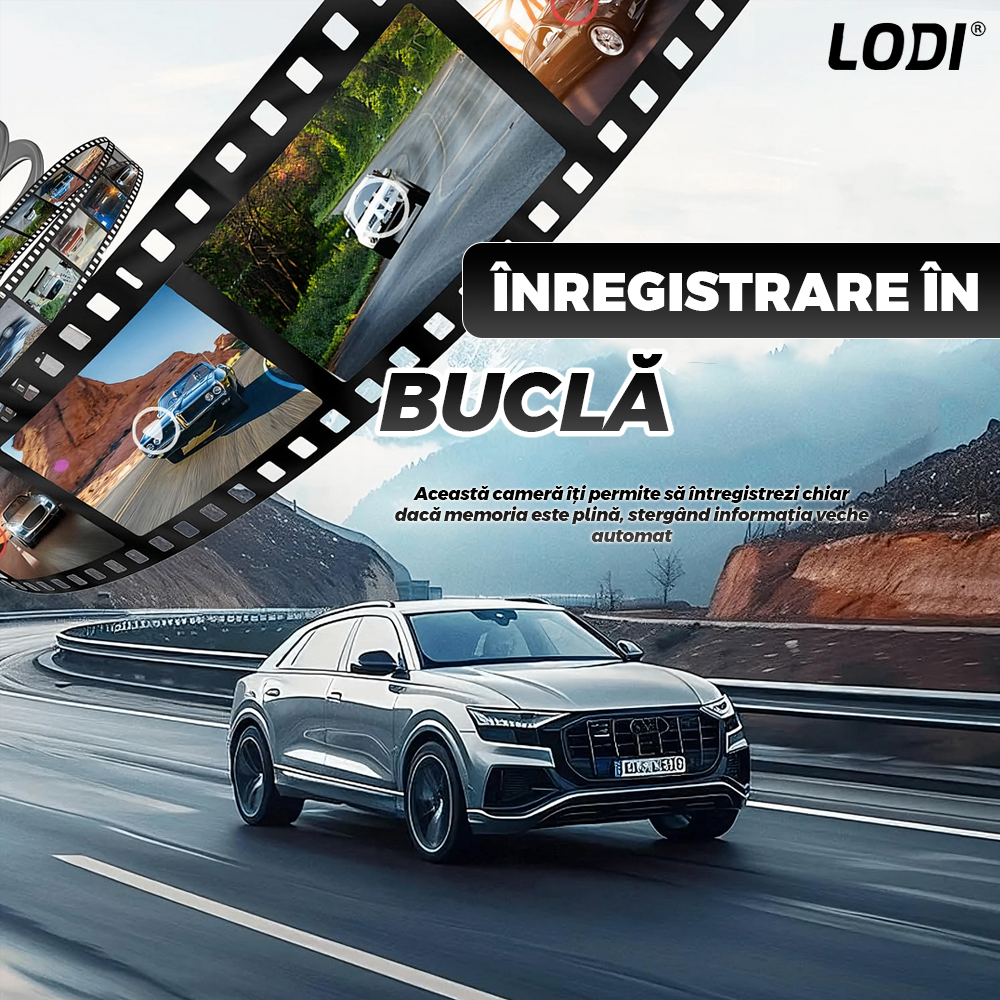 Camera Auto Tripla Lodi1498, fata, spate, interior, laterale, vizualizare unghi de 140°, camera marsarier, ecran de 4”, LED, full HD 1080p, loop recording, negru