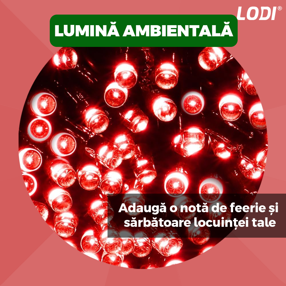 Instalatie de Craciun Liniara Lodi1436, 480 LED-uri, 8 jocuri de lumini, alimentare la priza, interior/exterior, rezistenta la apa, 100 m, rosu