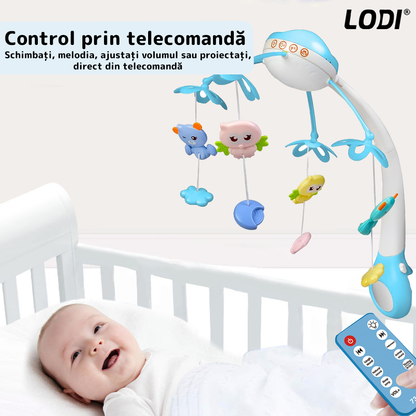 Carusel Muzical pentru Patut Lodi525, Bebe, control prin telecomanda, proiector, muzica si lumini, jucarii detasabile, albastru deschis