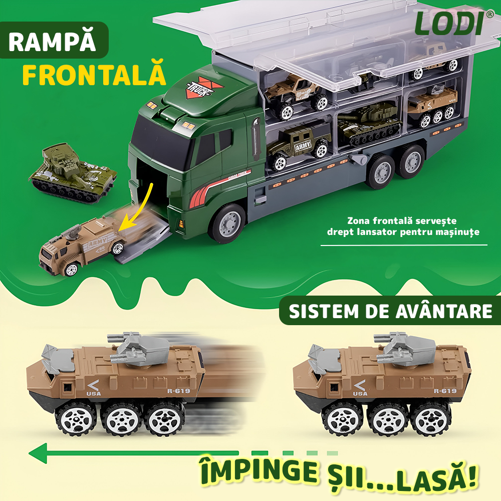 Set Camion Trailer de Jucarie pentru Transport Lodi1166, seria armata, 10 masinute incluse, jeep, tanc, tir, elicopter, accesorii mobile, lansator si rampa frontala, platforma tractare, verde