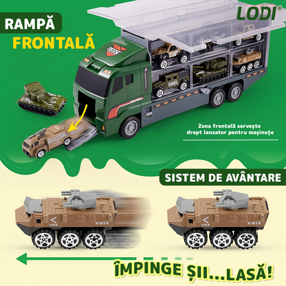 Set Camion Trailer de Jucarie pentru Transport Lodi1166, seria armata, 10 masinute incluse, jeep, tanc, tir, elicopter, accesorii mobile, lansator si rampa frontala, platforma tractare, verde