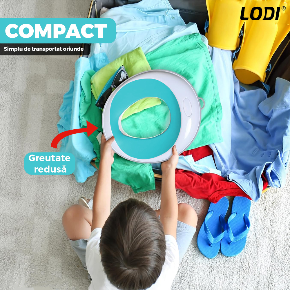 Reductor WC Copii Lodi650, suprafata antiderapanta, confortabil, protectie impotriva stropilor, compatibilitate universala, inel de prindere, portabil, alb/albastru