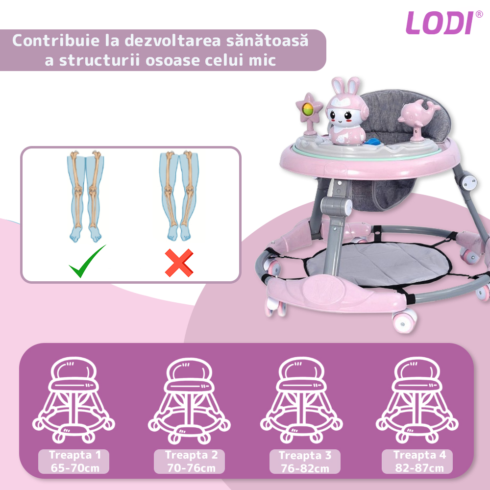 Premergator Multifunctional pentru Bebelusi Lodi29, tava cu 3 jucarii, muzica, reglabil, pliabil, greutate max 20kg, 6-36 luni, roz