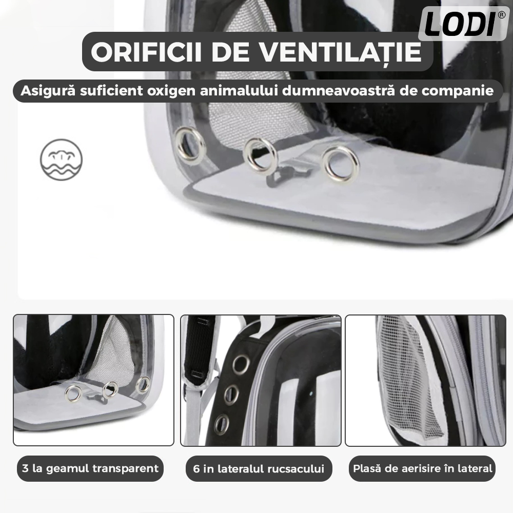 Rucsac Transport Animale Lodi372, greutate Max 7kg, hublou panoramic transparent, buzunar lateral, 2 iesiri, pentru talie mica, negru