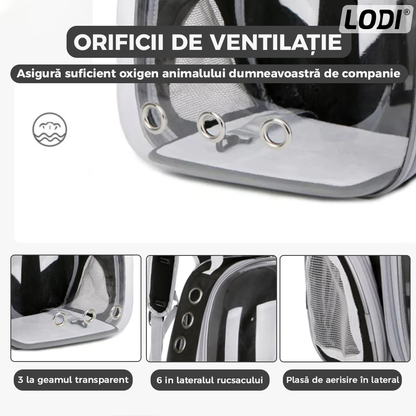 Rucsac Transport Animale Lodi372, greutate Max 7kg, hublou panoramic transparent, buzunar lateral, 2 iesiri, pentru talie mica, negru
