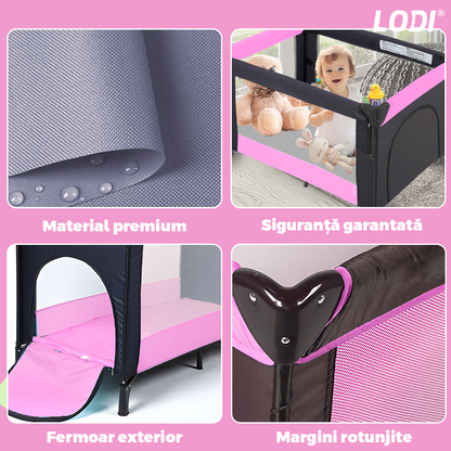 Patut Turistic Pliabil pentru Copii Lodi983, usa cu fermoar exterior, plasa de protectie tantari, materiale calitative, usor de montat, geanta de depozitare, dimensiuni 125x78x65, roz