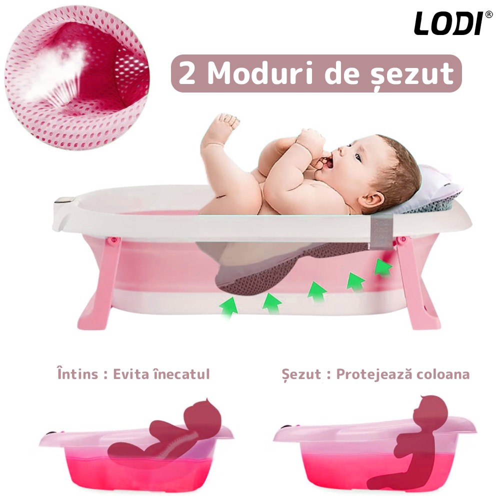 Cadita cu Pernuta pentru Bebelusi Lodi1315, casca de protectie inclusa, termometru digital incorporat, pliabila, dop de scurgere, picioare anti-alunecare, design ergonomic, 75 x 45 x 22, roz