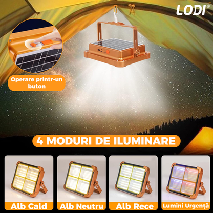 Lampa Solara 144 LED-uri Lodi268, 4 moduri de iluminare, protectie IP66, lumini de urgenta, power bank, portabila, Waterproof, exterior, portocaliu