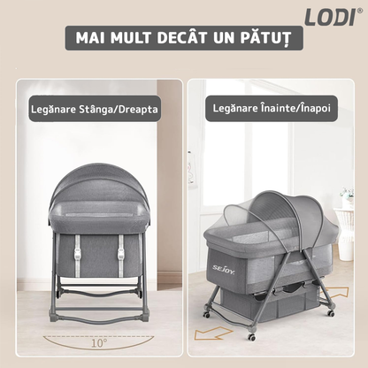 Patut Pliabil pentru Bebelusi Lodi1069, 3 trepte de inclinare, sistem de blocare, plasa anti-insecte, cos depozitare, gri