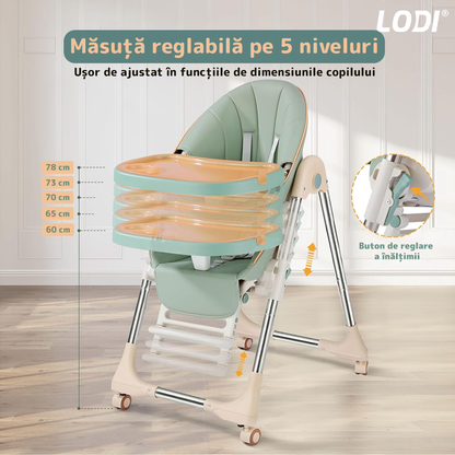 Scaun de Masa 3in1 pentru Bebelusi si Copii Lodi633, inaltime ajustabila, centura de siguranta in 5 puncte, tavita reglabila si detasabila, roti cu frana incorporata, verde smarald