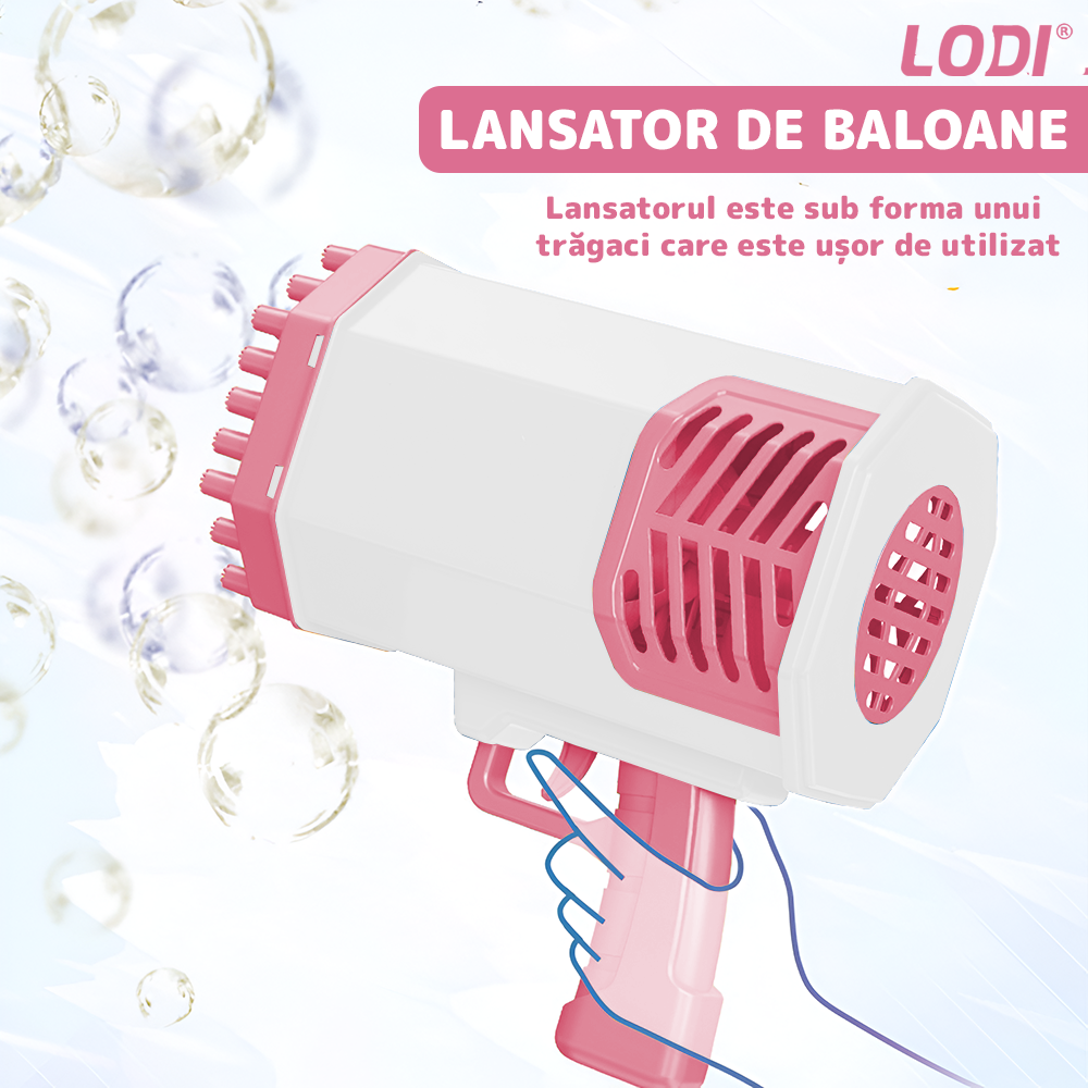 Pistol de Facut Baloane Bubble Gun Lodi1214, tip Bazooka, automat, 34 orificii pentru bule, alimentare cu baterii, roz/alb