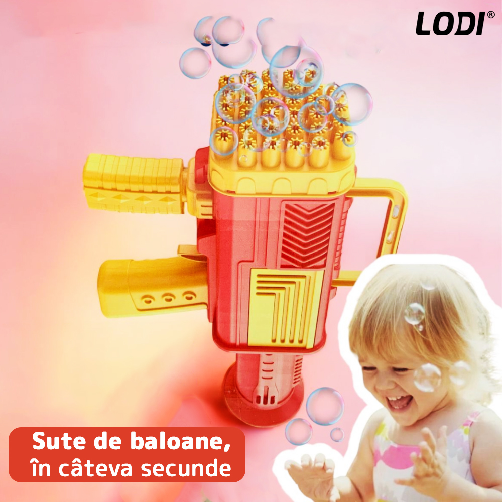 Pistol de Facut Baloane Bubble Gun Lodi65, tip Bazooka, automat, 34 orificii pentru bule, alimentare cu baterii, portocaliu/rosu