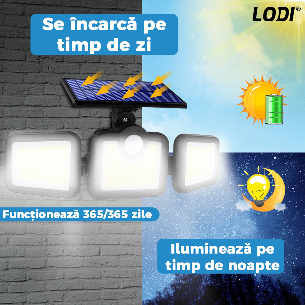 Lampa Solara Tripla 86 LED-uri Lodi263, senzor de miscare, 3 moduri de iluminare, protectie IP65, Waterproof, exterior, negru