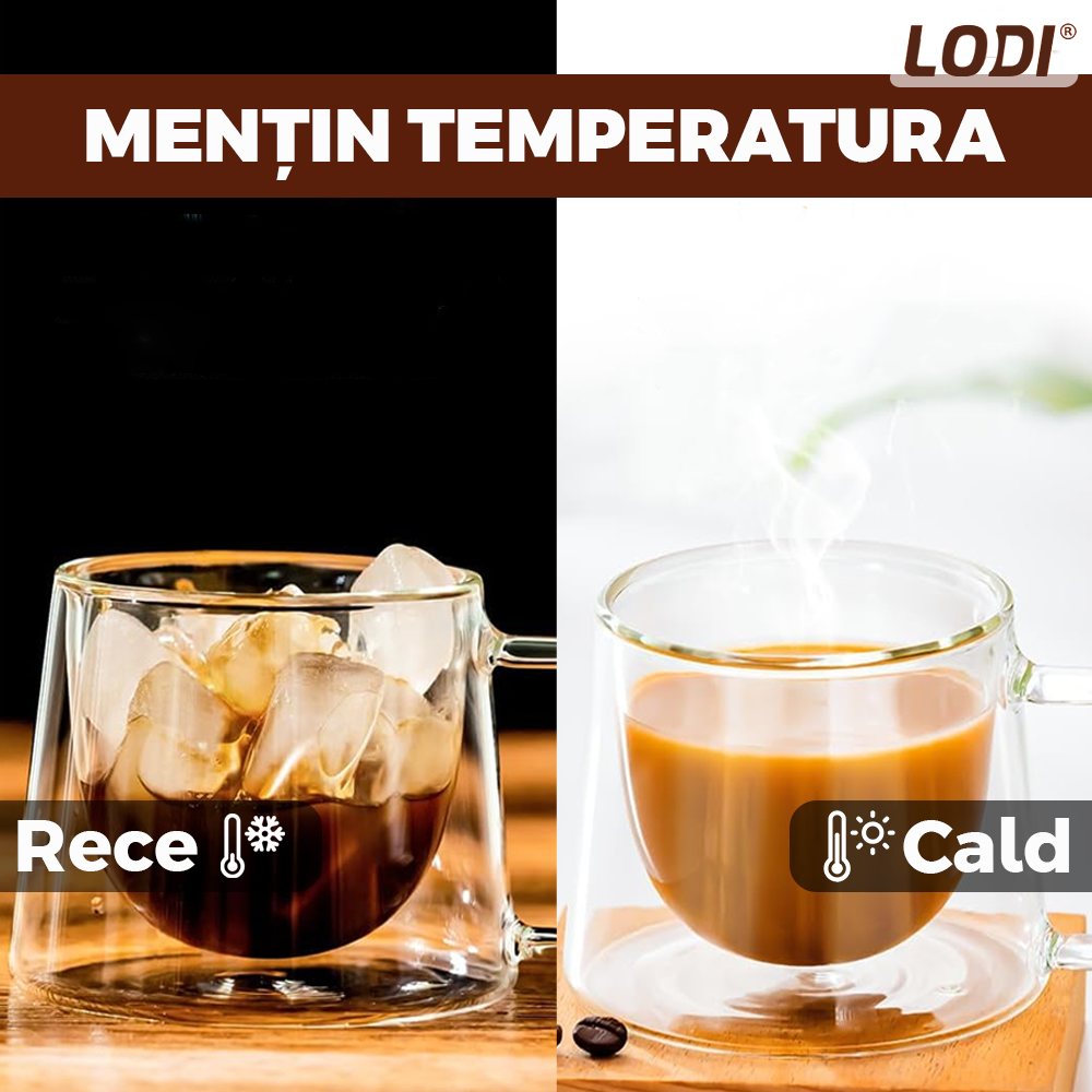 Set 4 Cani de Sticla cu Perete Dublu Lodi1004, model COFFEE, design modern, termorezistente, capacitate 200 ml, 12 x 8 cm