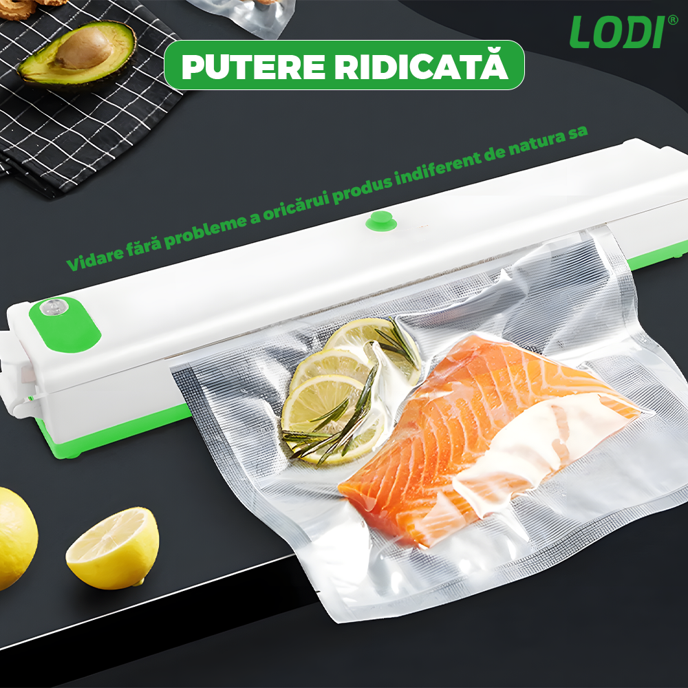 Aparat de Sigilat si Vidat Lodi1311, alimente si obiecte, vidare umeda/uscata/soft, 90W, 220V, portabil, alb/verde
