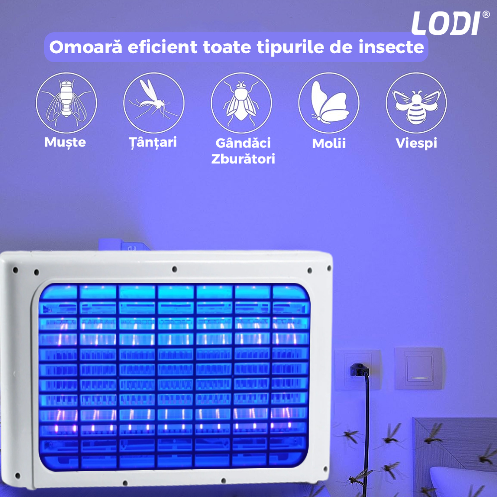Aparat Electric Anti-Insecte Lodi223, 6W, Insectocutor cu 2x tuburi ultraviolete, raza de actiune 200 m², unghi de propagare 360º, design modern, alb