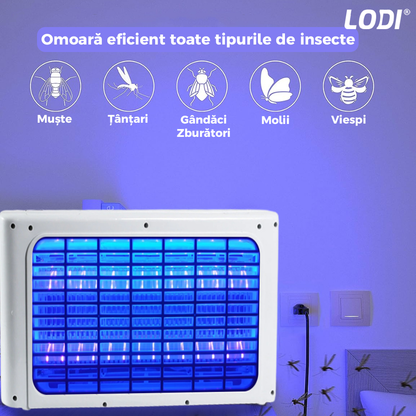 Aparat Electric Anti-Insecte Lodi223, 6W, Insectocutor cu 2x tuburi ultraviolete, raza de actiune 200 m², unghi de propagare 360º, design modern, alb