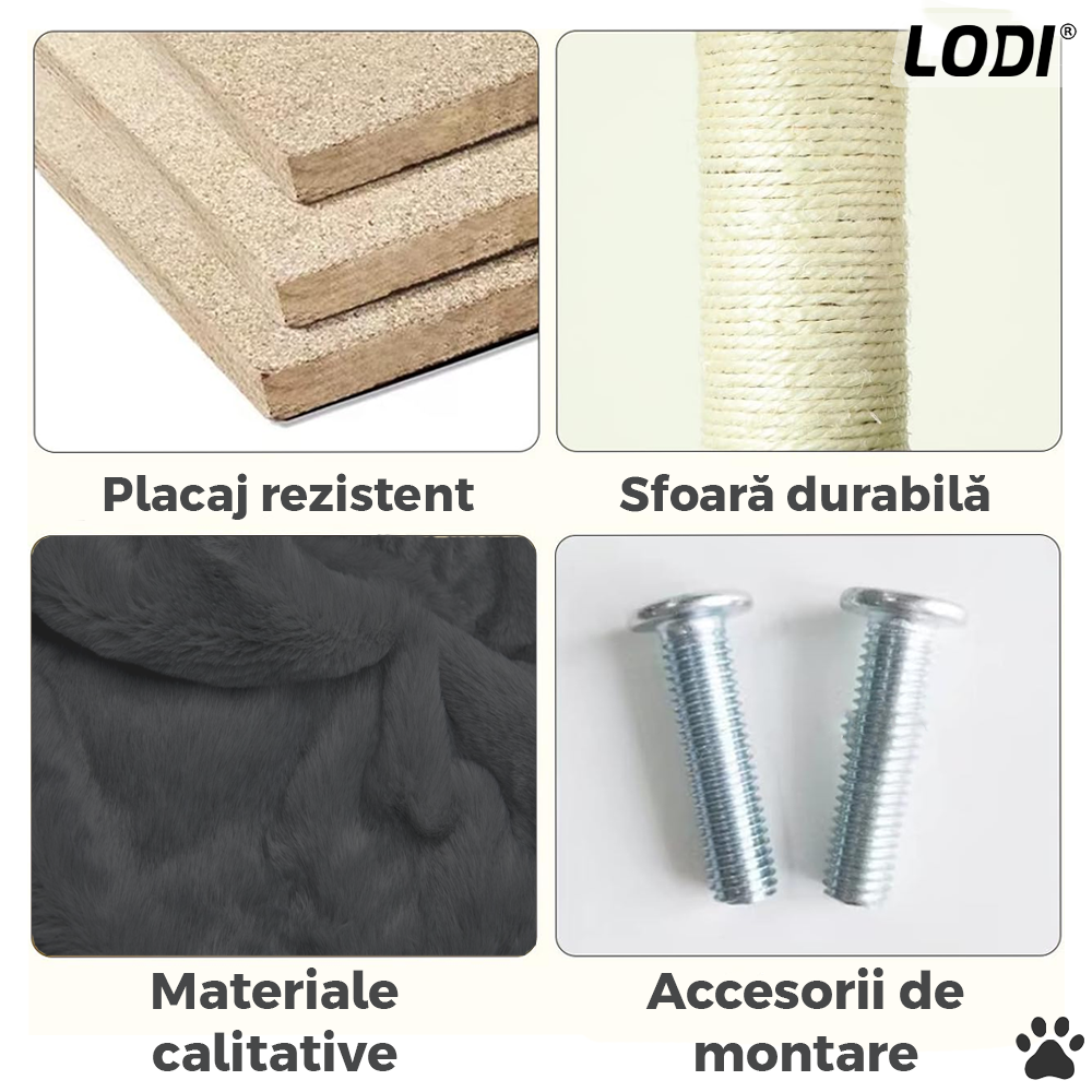 Ansamblu de Joaca pentru Pisici Lodi631, tip turn, 1 platforma de observatie, 4 niveluri, 1 casuta, scara, franghie si mingiute de joaca, stalpi pentru zgariat, captuseala extra moale, structura stabila, 118 cm, gri inchis