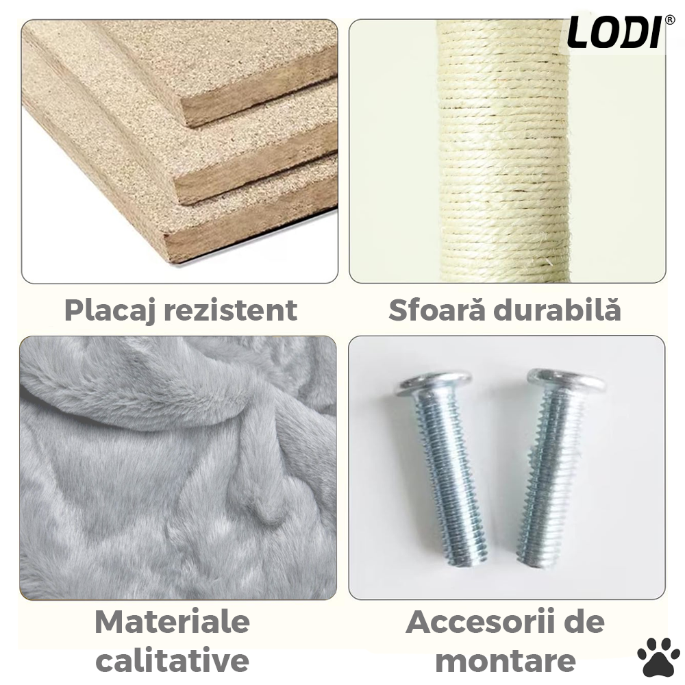 Ansamblu de Joaca pentru Pisici Lodi628, tip turn, 3 platforme de observatie, 6 niveluri, 2 casute, scara, franghie si mingiuta de joaca, stalpi pentru zgariat, captuseala extra moale, structura stabila, 138.5 cm, gri deschis