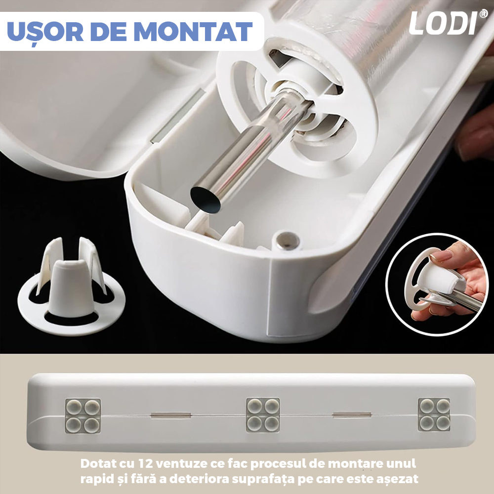 Dispenser de Bucatarie Lodi1417, pentru folie alimentara/ folie de aluminiu/ hartie de copt, rezistent, montare usoara cu ventuze, compatibil cu diverse dimensiuni de role, alb