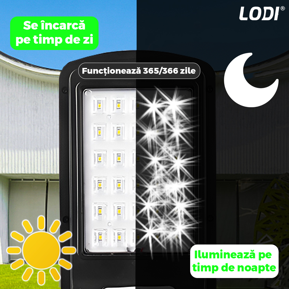 Lampa Solara Stradala 30 LED-uri Lodi878, control prin telecomanda, senzor de miscare, 3 moduri de iluminare, protectie IP65, Waterproof, exterior, negru