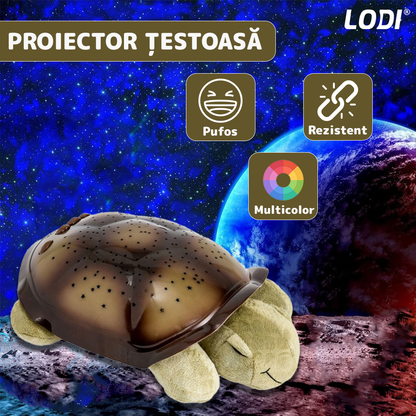 Lampa de Veghe Testoasa Lodi1415, proiector de lumini, 8 constelatii, lumina RBG, 2 cantece de adormit copiii, pufoasa si moale, mod inchidere automata, verde/maro