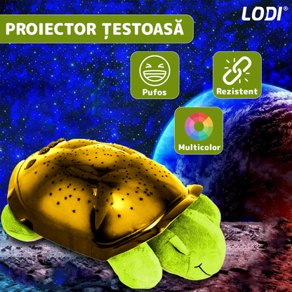 Lampa de Veghe Testoasa Lodi1431, proiector de lumini, 8 constelatii, lumina RBG, 2 cantece de adormit copiii, pufoasa si moale, mod inchidere automata, verde/galben