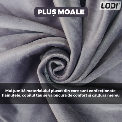 Compleu Copii din 3 Piese Lodi501, unisex, toamna-iarna, plus moale cu ursulet, bluza, pantaloni si vesta cu gluga pufoasa, 80 cm, gri