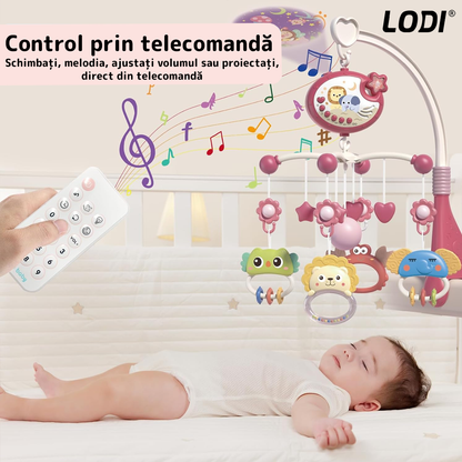 Carusel Muzical pentru Patut Lodi642, Bebe, control prin telecomanda, proiector, muzica si lumini, jucarii detasabile, rosu