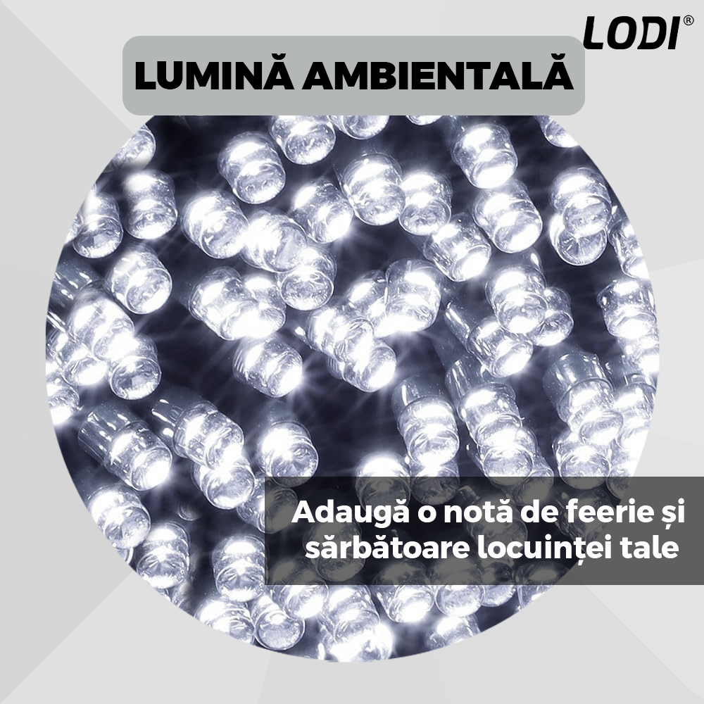 Instalatie de Craciun Liniara Lodi1435, 240 LED-uri, 8 jocuri de lumini, alimentare la priza, interior/exterior, rezistenta la apa, 50 m, alb rece