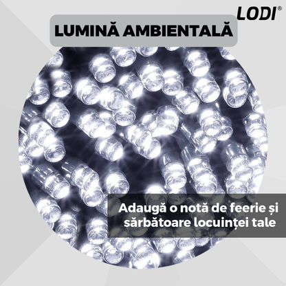 Instalatie de Craciun Liniara Lodi1435, 240 LED-uri, 8 jocuri de lumini, alimentare la priza, interior/exterior, rezistenta la apa, 50 m, alb rece